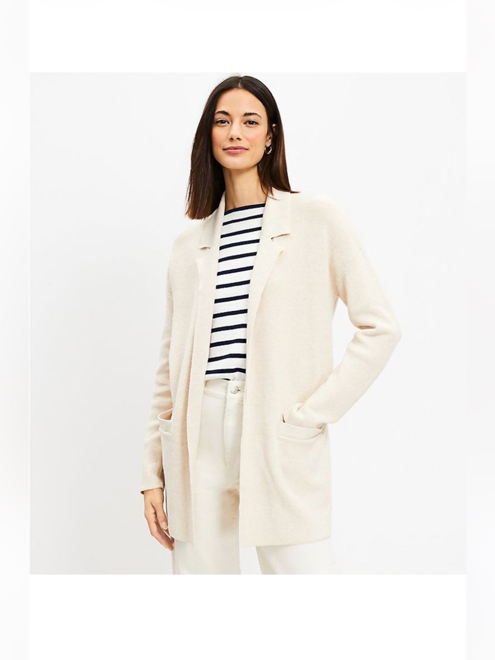 LOFT Ribbed Relaxed Open Sweater Blazer M Cream